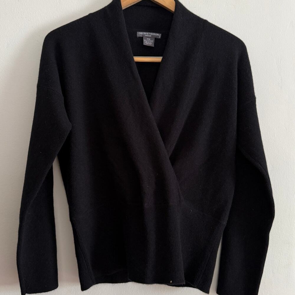 CHELSEA & THEODORE | Black Faux Wrap Cashmere V Neck Sweater | Medium Petite